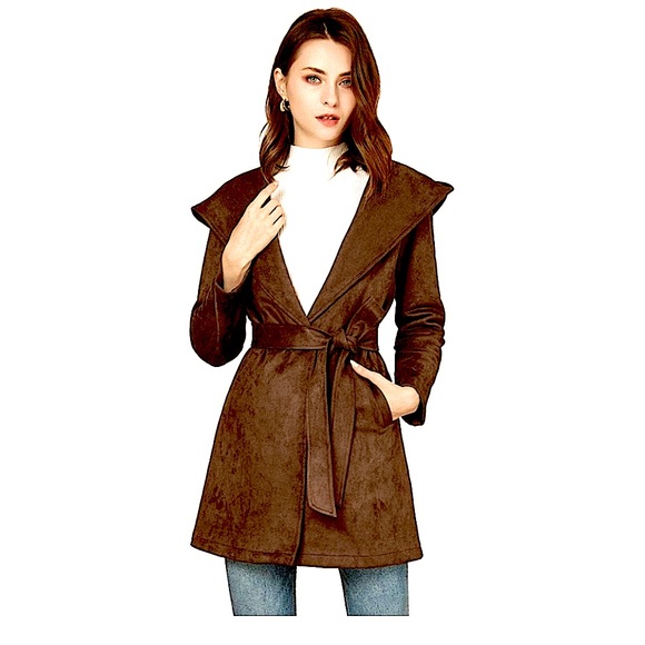 Allegra K Jackets & Blazers - Allegra K Women's Hooded Faux Suede Wrap Belted Long Coat with Pockets
